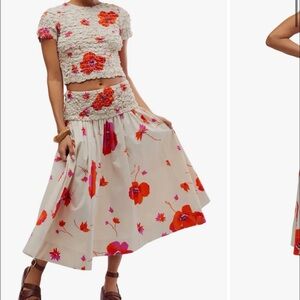 Free People red carino floral two-piece stretch cotton crop top & midi skirt
